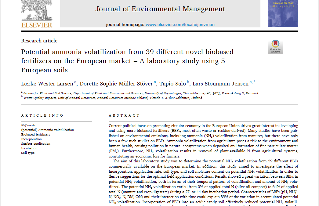 Potential ammonia volatilization from 39 different novel biobased fertilizers on the European market – A laboratory study using 5 European soils